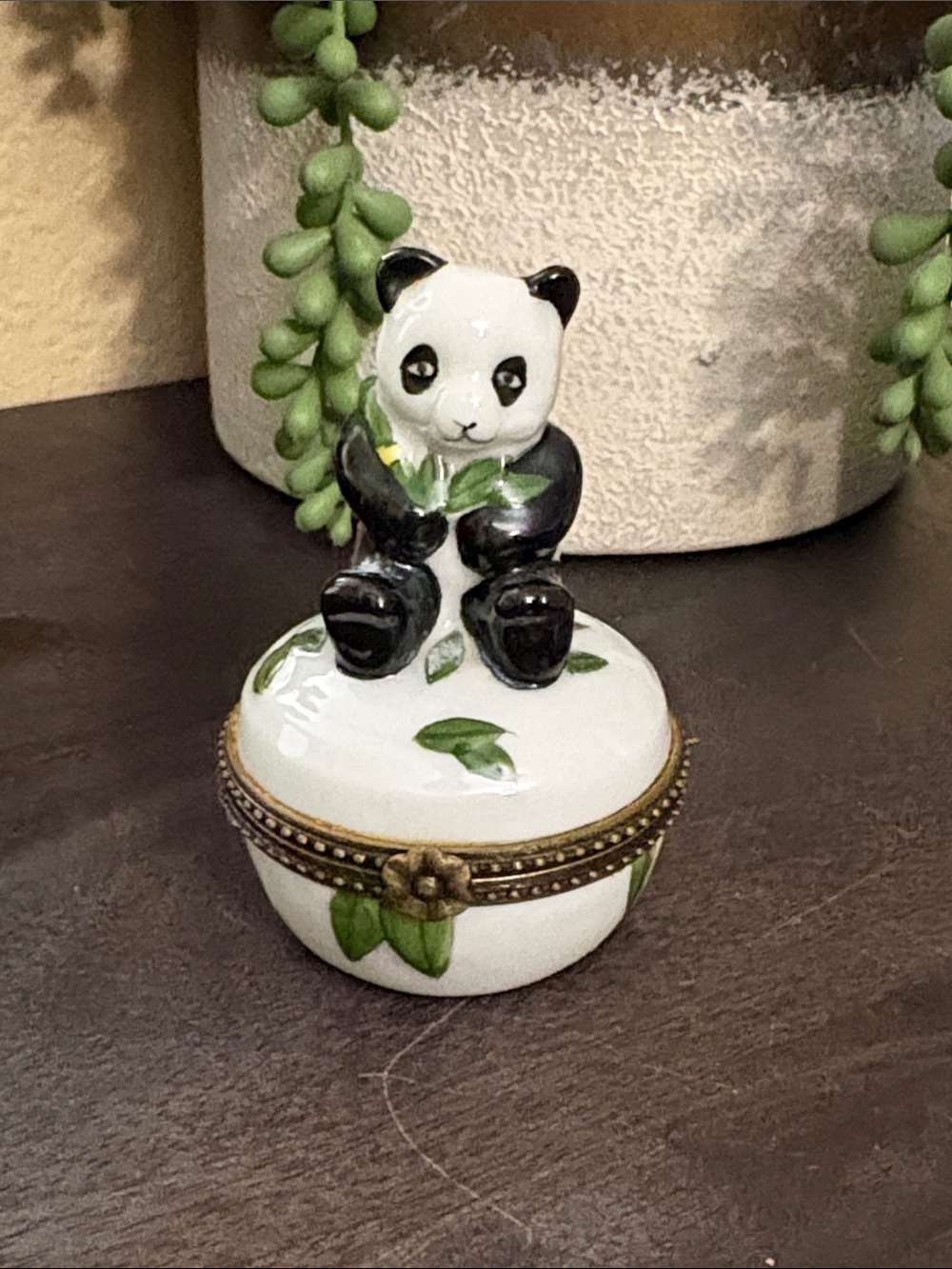 Porcelain Panda Trinket Box with Hand-Painted Leaves